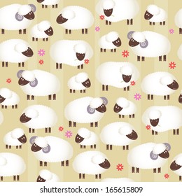 Seamless pattern with cute fluffy sheep in light beige color