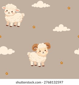 Seamless pattern with cute fluffy sheep, delicate daisies and bow in a flat hand-drawn style on a soft beige background for baby blankets, newborn apparel, and children's bedroom textiles.