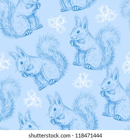 Seamless pattern with Cute fluffy squirrels and nuts