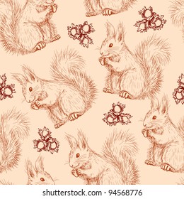 Seamless pattern with Cute fluffy squirrels and nuts