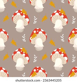 Seamless pattern, cute fly agarics and autumn leaves on a gray background. Print, background, vector