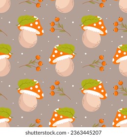 Seamless pattern, cute fly agarics and autumn leaves on a gray background. Print, background, vector