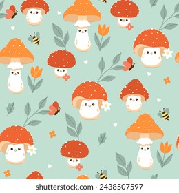 Seamless pattern with cute fly agarics. Vector graphics.