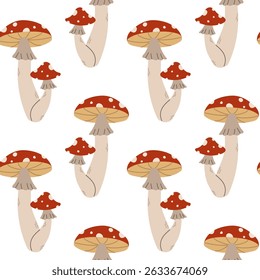 Seamless pattern with cute fly agarics on a white background. Vector illustration.