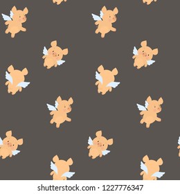 Seamless pattern with cute fly piggy. Flat background.