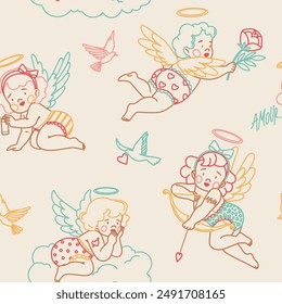 Seamless pattern with cute flying baby cherubs with wings. Little cupids with hearts and tattoos in trendsy retro style. Romantic pattern, Valentine's day print.