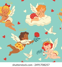Seamless pattern with cute flying baby cherubs with wings. Little cupids with hearts and tattoos in trendsy retro style. Romantic pattern, Valentine's day print.