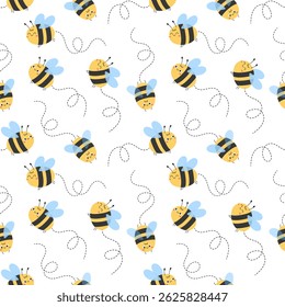 Seamless pattern with cute flying bees and dotted trails in playful flat hand drawn style