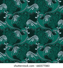 seamless pattern with cute flying dragons, dark emerald palette, vector illustration