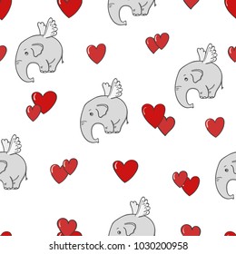 Seamless pattern with cute flying elephants and hearts. Valentines Day design.