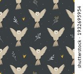 Seamless pattern with cute flying owls and hand drawn decorative elements. Vector illustration for greeting cards, wrapping paper, textile