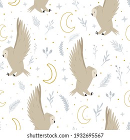 Seamless pattern with cute flying owls and hand drawn decorative elements. Vector illustration for greeting cards, wrapping paper, textile