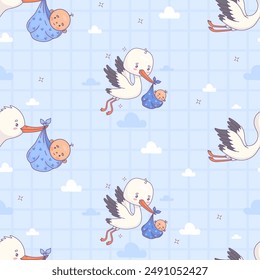 Seamless pattern with cute flying white stork and baby boy on blue checkered background with clouds. Vector illustration. Cartoon bird kawaii and infant birthday. Kids collection