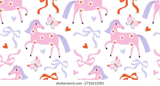 Padrão sem costura com cavalo folclórico bonito, arco de fita e borboleta em cores pastel suaves. Ilustração plana desenhada à mão brincalhona para tecido infantil, papel de embrulho, papel de parede e design de superfície decorativo