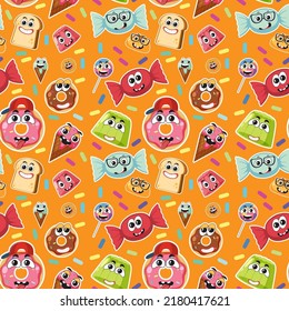 Seamless pattern with cute food cartoon character illustration