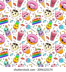 seamless pattern cute food characters.colorful kawaii sweets, vector isolated on white