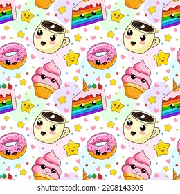 seamless pattern cute food characters.colorful kawaii sweets, vector isolated on white