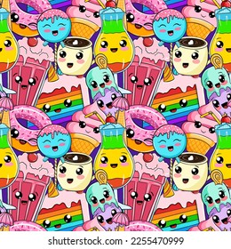 seamless pattern cute food characters.colorful kawaii sweets