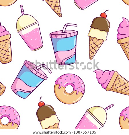 Seamless pattern of cute food with colorful doodle style