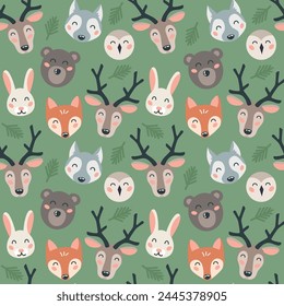 Patrón sin fisuras con la cabeza animal del bosque lindo en el fondo verde. Diseño plano de dibujos animados para vivero, impresión, textil. Ilustración vectorial
