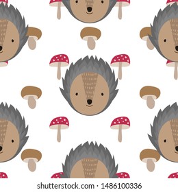 Seamless pattern with cute forest animals. Vector hedgehog with mushrooms isolated on white background. Cartoon illustration for children.