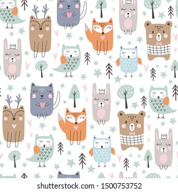 Seamless pattern with cute forest animals. Hand drawn style. Vector illustration 