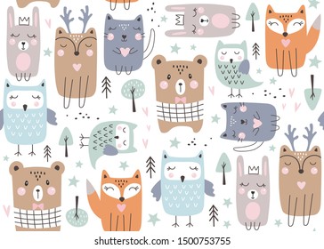 Seamless pattern with cute forest animals. Hand drawn style. Vector illustration 