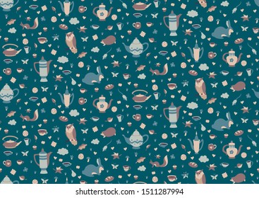 Seamless pattern with cute forest animals, cups and teapots in scandinavian style. Autumn or winter vintage background. Hyugge endless retro vector illustration.
