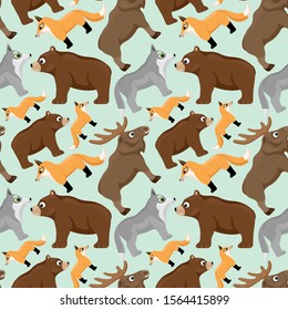 Seamless pattern with cute forest animals on a green background.