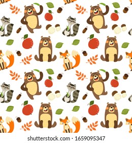 Seamless pattern with cute forest animals. Vector pattern.