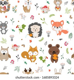 Seamless pattern cute forest animals, children's print on clothes