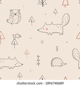 Seamless Pattern with cute forest animals: Fox, Owl, Hedgehog. Hand drawn vector illustration. Can be used for t-shirt print, kids wear fashion design, baby shower invitation card. 