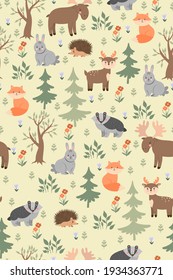 Seamless pattern with cute forest animals. Vector graphics.