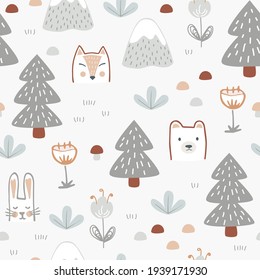 Seamless pattern with cute forest animals, flowers, and trees. Childish print for nursery background in a Scandinavian style for baby clothes or interior. Vector cartoon illustration in pastel colors.