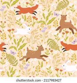 Seamless pattern with cute forest animals. Vector graphics.