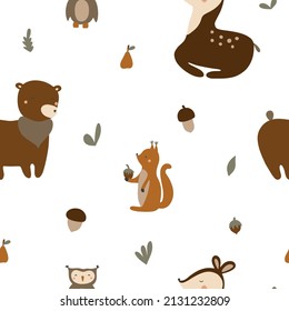 Seamless pattern of cute forest animals: bear, squirrel, owl, deer with gifts of nature. Vector illustration isolated on white background in warm colors