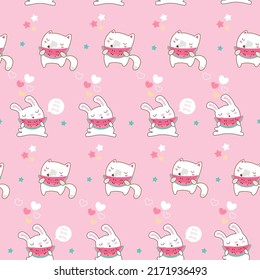 Seamless pattern with cute forest animals. Fox and hare eat watermelon. Cartoon japanese kawaii style for fabric, background. Vector illustration.