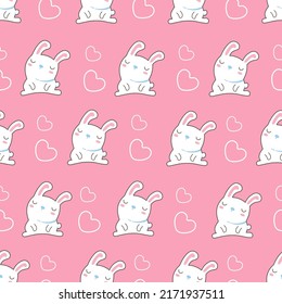 Seamless pattern with cute forest animals. Hares with hearts. Cartoon japanese kawaii style for fabric, background. Vector illustration.