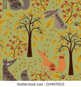 seamless pattern with cute forest animals in the autumn forest, fox, hare, wolf with oak forest