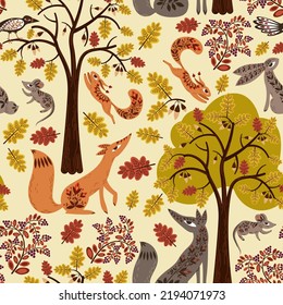 seamless pattern with cute forest animals in the autumn forest, fox, hare, wolf, squirrel, magpie and mouse 