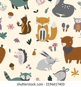 Seamless pattern with cute forest animals: hedgehog, hare, bear, raccoon, owl, deer, fox and gifts of nature. Vector illustration for your design