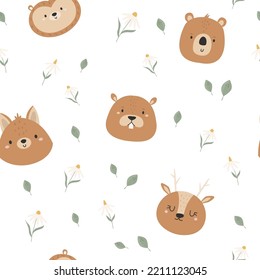 Seamless pattern with cute forest animals fox, deer, bear, beaver and hedgehog. Cute design with animal faces for cloth prints, wallpaper, wrapping paper