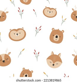 Seamless pattern with cute forest animals fox, deer, bear and hedgehog. Cute design with animal faces for cloth prints, wallpaper, wrapping paper