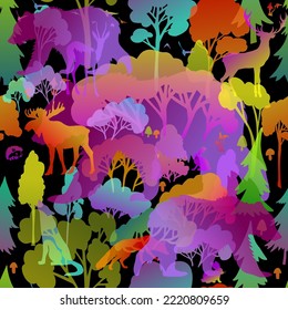 Seamless pattern with cute forest animals. Colored trees and beasts. At night on a dark background. Vector illustration