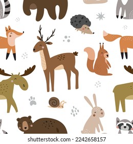 Seamless pattern of cute forest animals. Vector illustration for baby and textile decoration