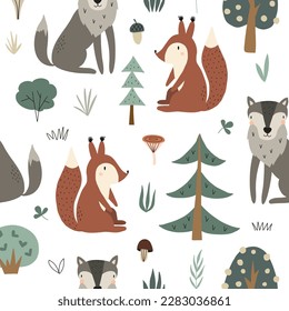 Seamless pattern with cute forest animals: squirrel and wolf. Vector illustration isolated on white background for your design