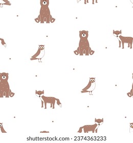 Seamless pattern cute forest animals. Vector illustration Background wallpaper for kids with funny bear, fox owl.