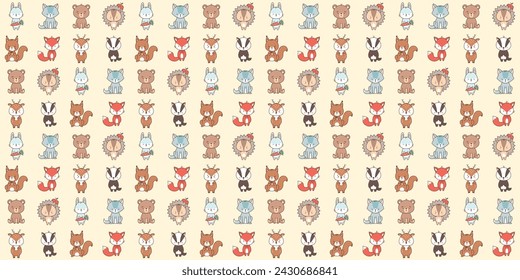 Seamless pattern with cute forest animals fox hare bear wolf hedgehog, badger, deer, squirrel. Cute animals in kawaii style. Drawings for children. vector illustration