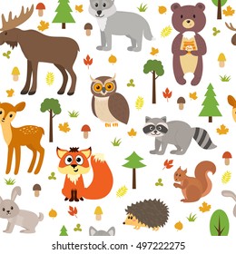 Seamless pattern with cute forest animals, mushrooms, leaves and trees. Vector illustration