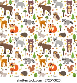 Seamless pattern with cute forest animals, mushrooms, leaves and trees. Autumn background. Vector illustration.